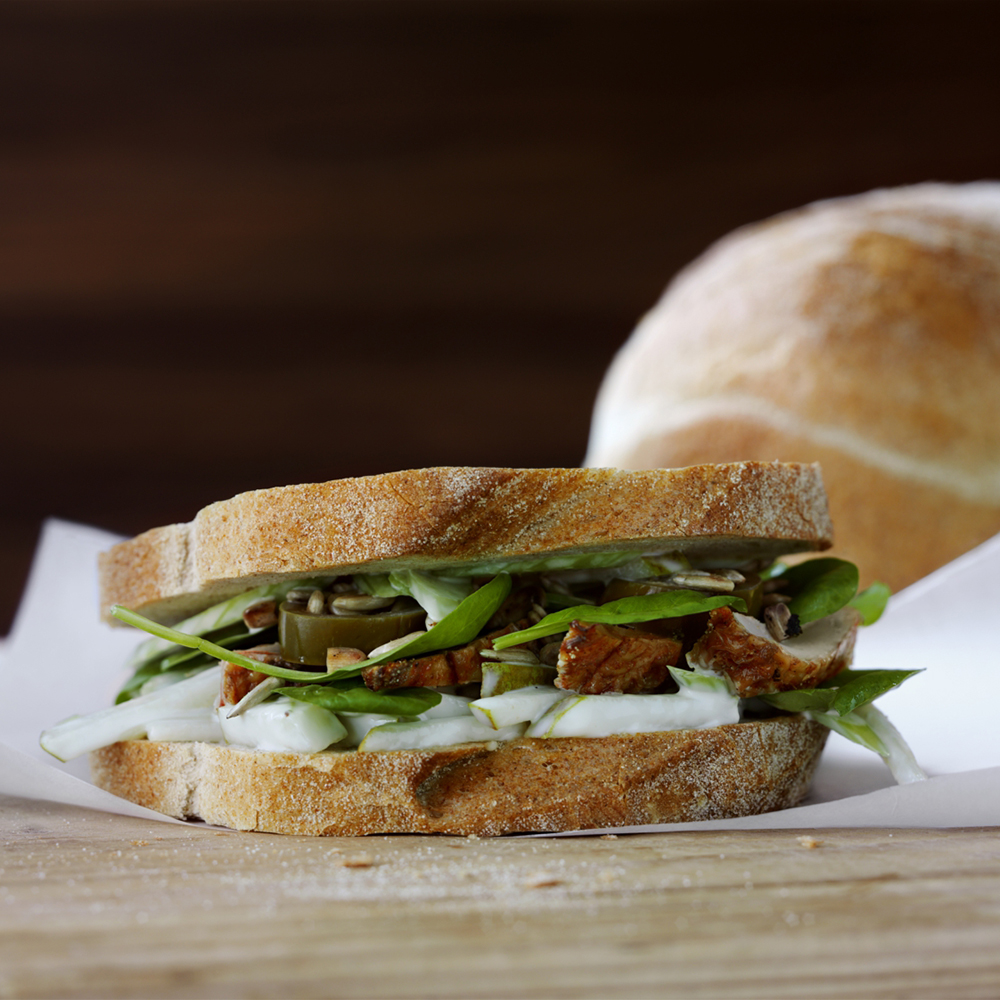 Chicken sandwich with pear and celery spread