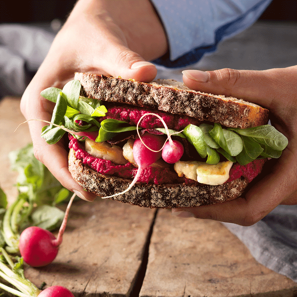 Harvest sandwich with red hummus